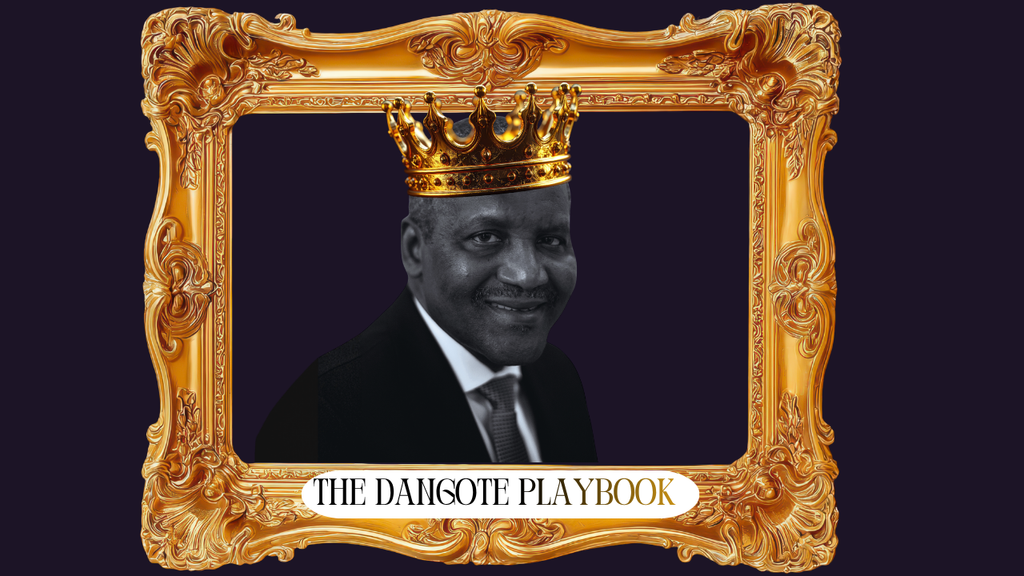 Aliko Dangote wearing a gold crown in an ornate gold frame, with The Dangote Playbook banner