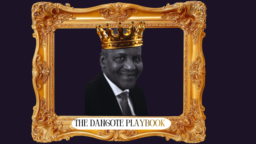 Aliko Dangote wearing a golden crown in an ornate gold frame, with The Dangote Playbook banner