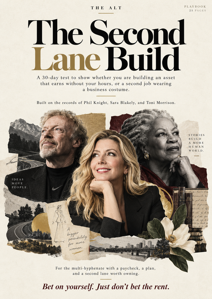 The Second Lane Build playbook cover featuring Phil Knight, Sara Blakely, and Toni Morrison