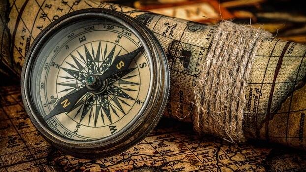 Close-up of a vintage brass compass