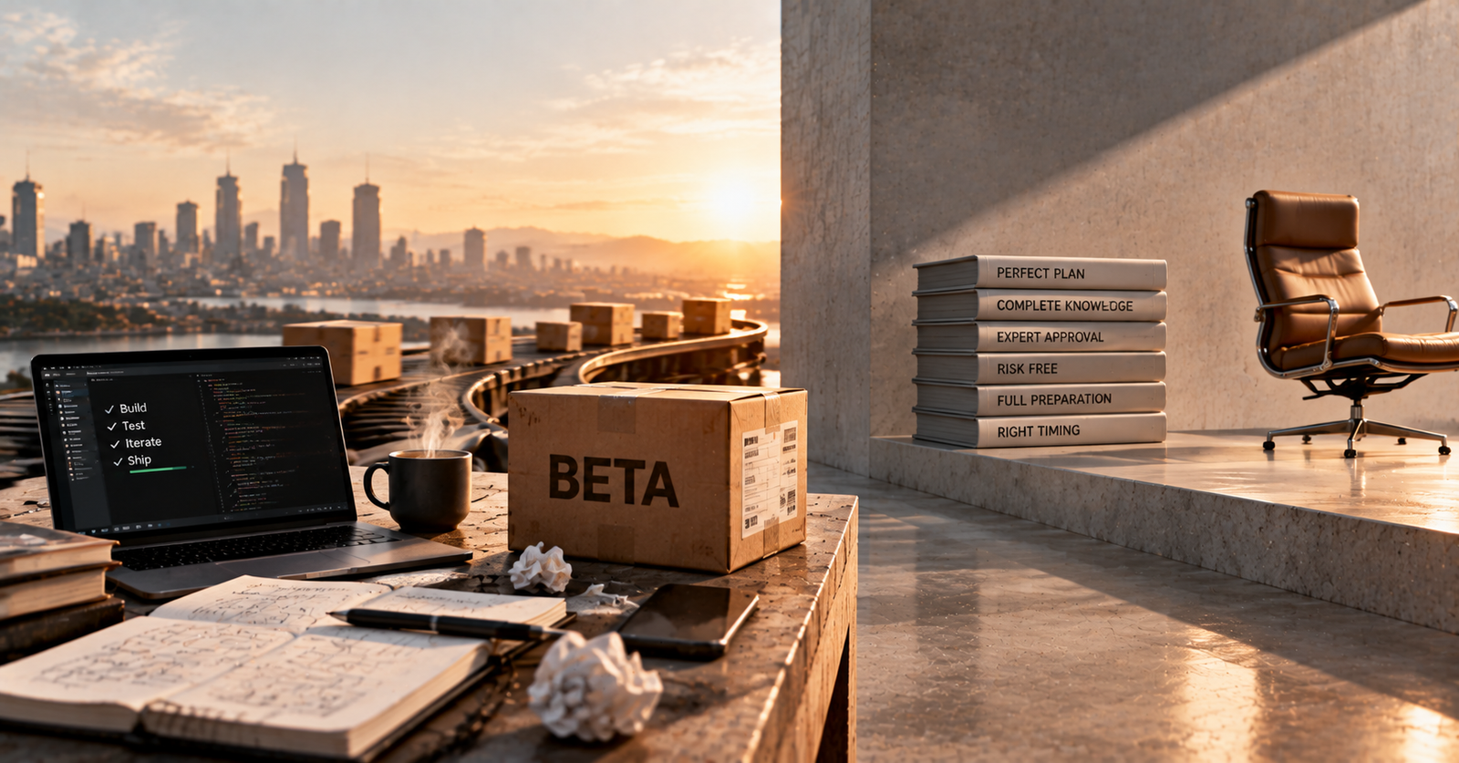 Conveyor belt carrying boxed products in a beta shipping facility, symbolizing launching before every feature is perfect