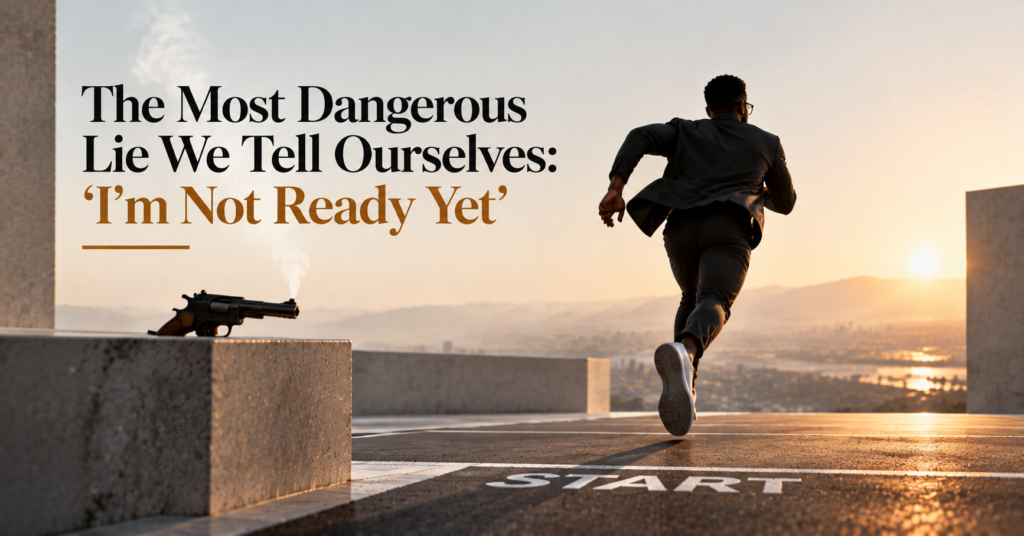 A runner sprinting along a beach at sunset beside the title text The Most Dangerous Lie We Tell Ourselves: I'm Not Ready Yet