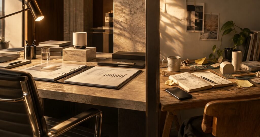 A desk with a lamp, ledger and planner showing a personal brand is a business with an offer and a schedule