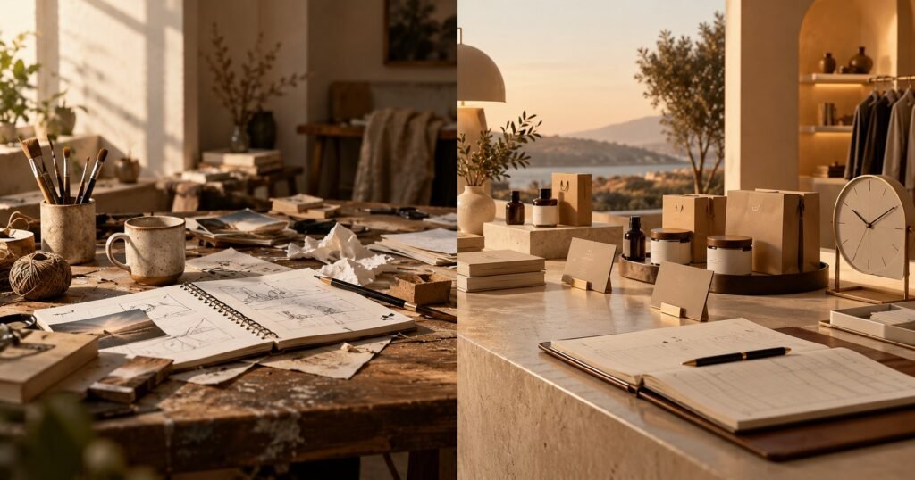 A styled workspace desk with a laptop, notebook, and coffee cup in a warm cafe interior