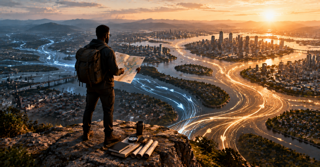 A traveler with a backpack overlooking a city river at sunset