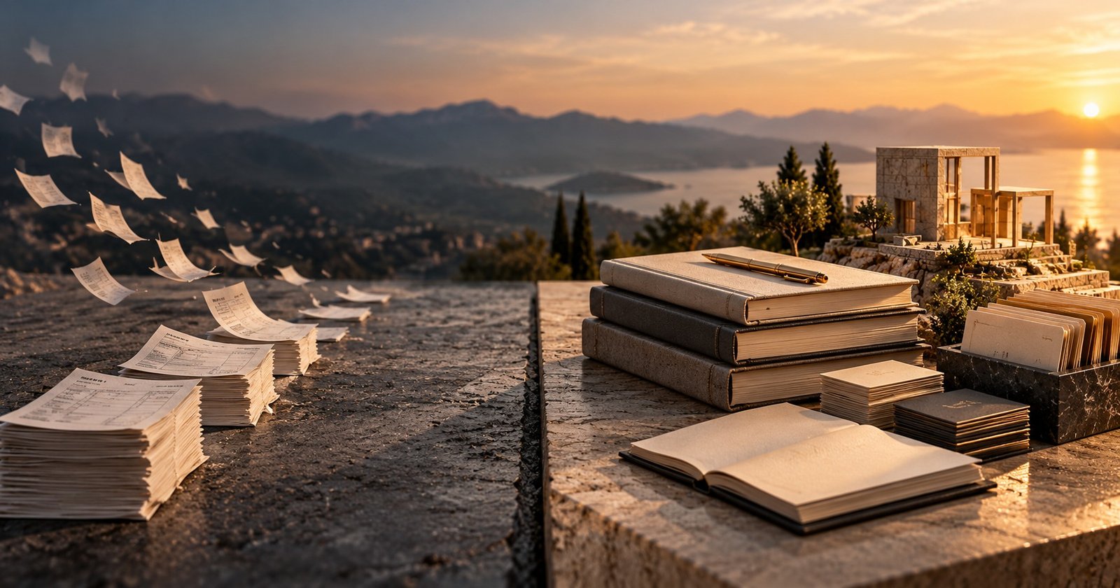 Papers scattering over a stone terrace beside stacked books and ledgers, with a sunset over a lake and mountains behind