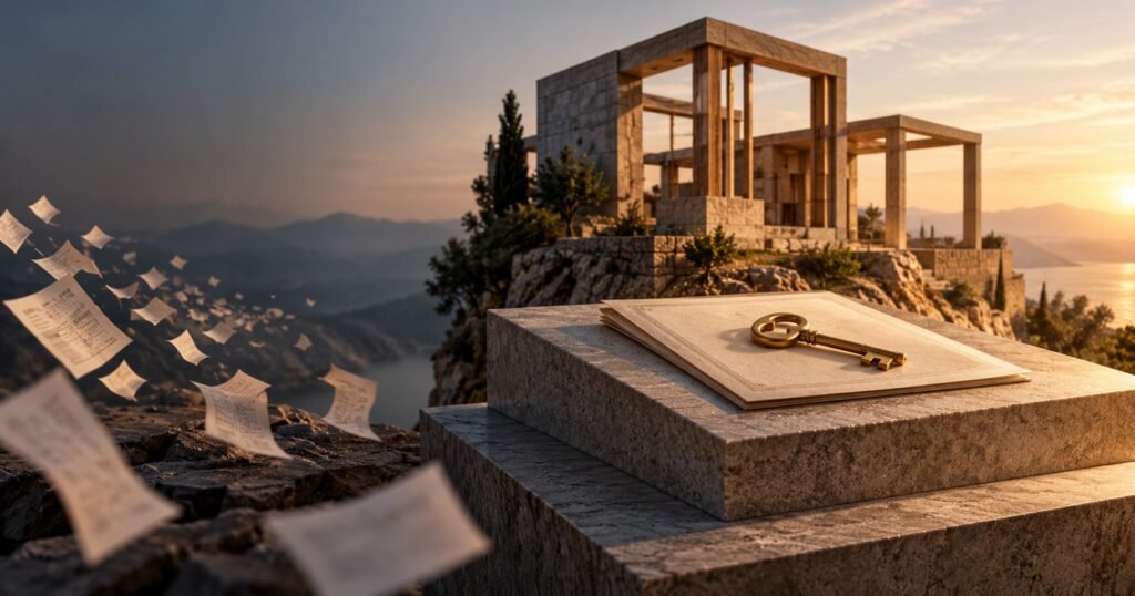 A classical colonnade building with stone columns at sunset