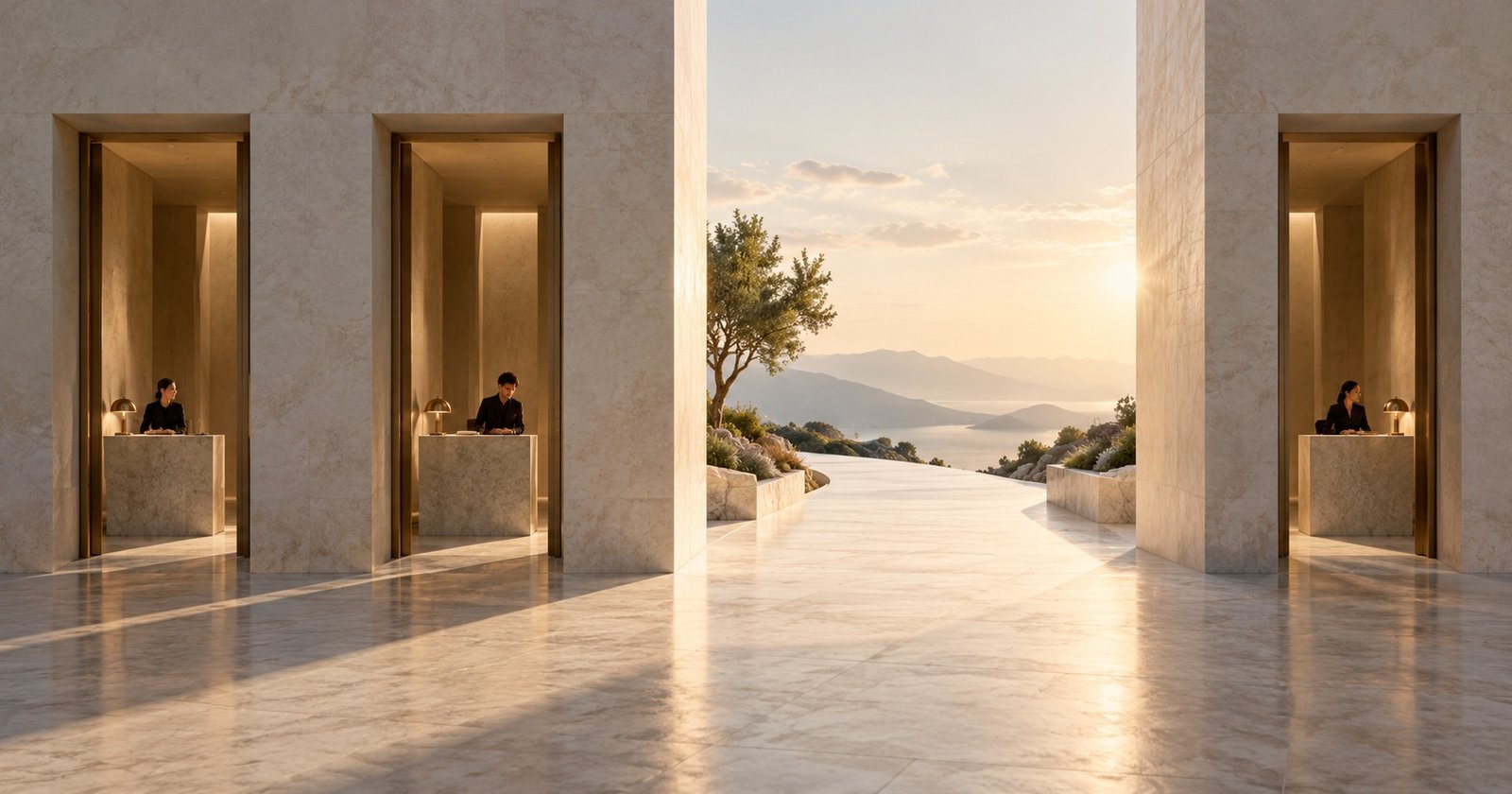 A grand hotel lobby with marble floors, tall stone columns, and concierge desks at sunset