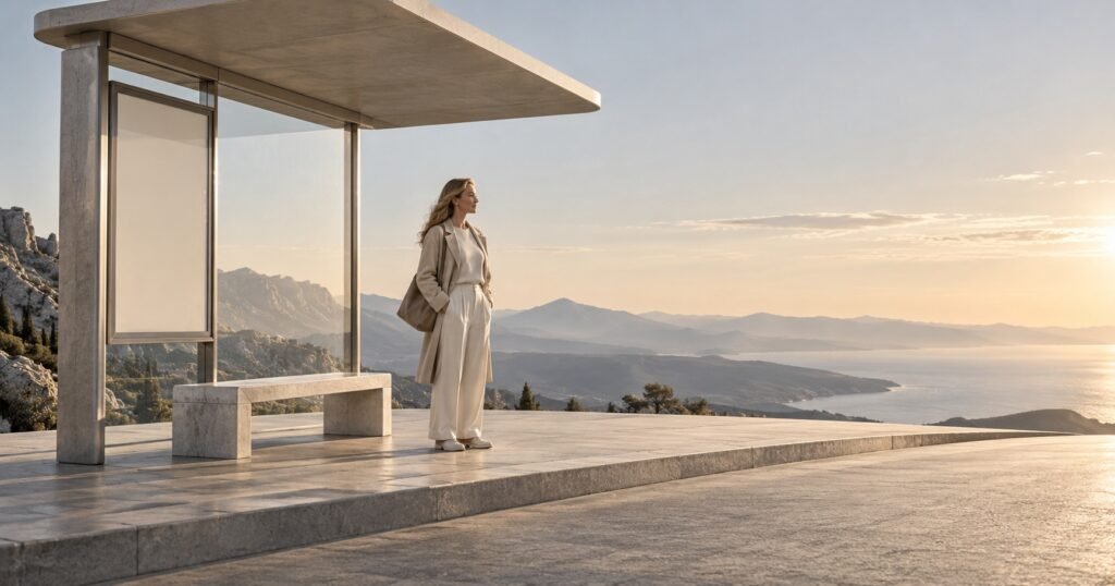 A woman waiting at an empty bus shelter at sunset overlooking the coast