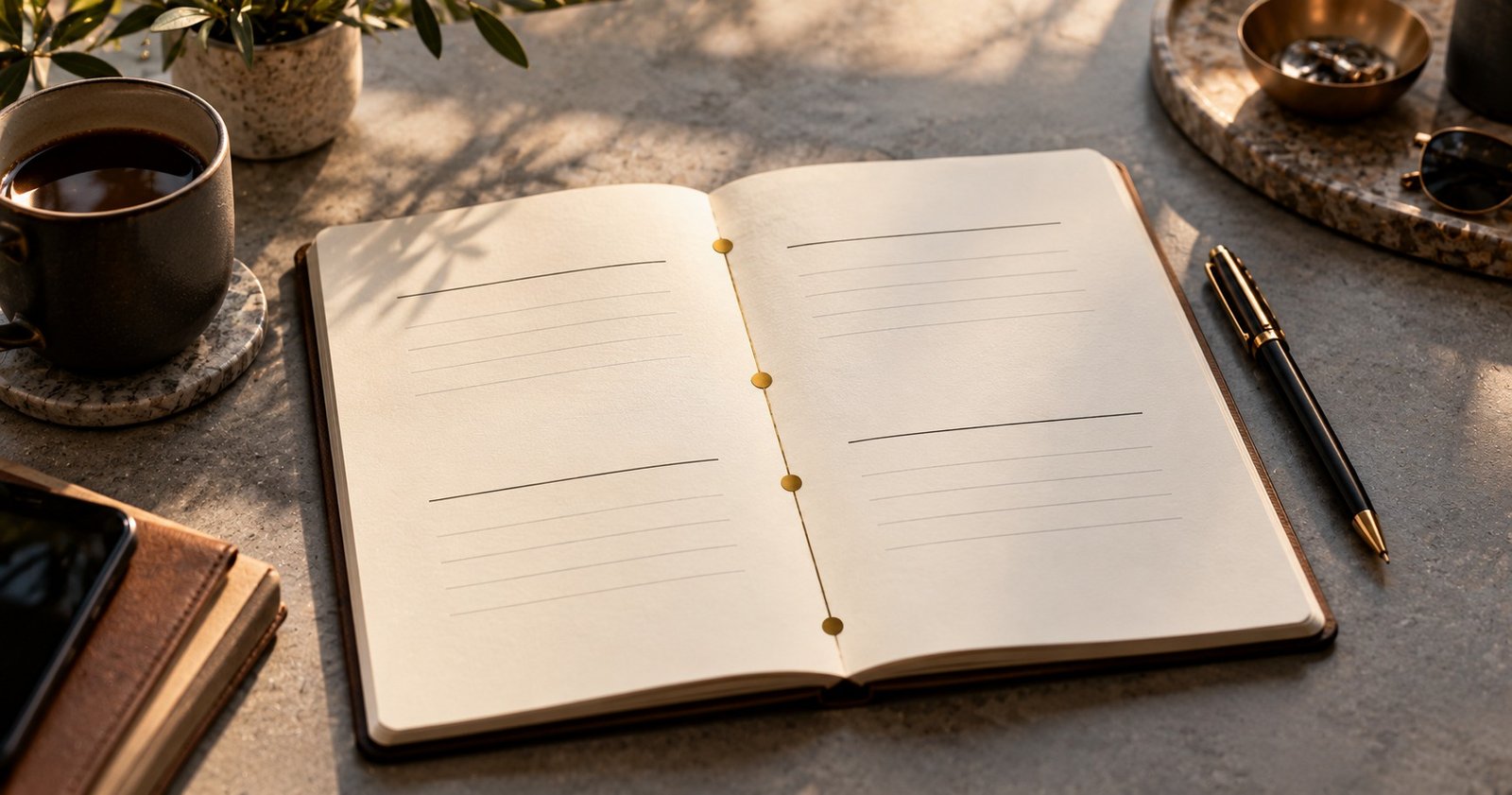 An open blank notebook on a stone desk beside a coffee cup, a pen, and a smartphone