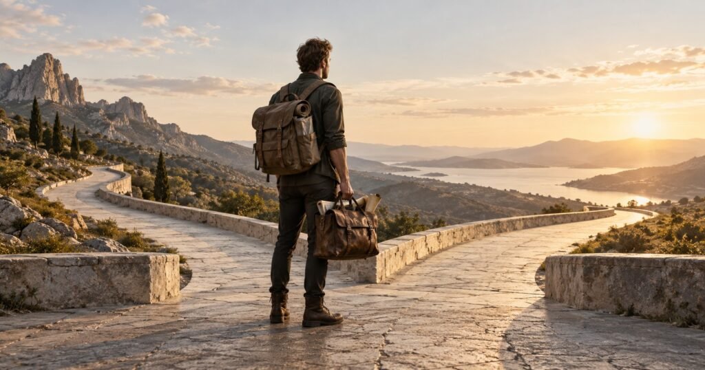 A traveler at a fork in a stone path at sunset, starting over with a bag on his shoulder